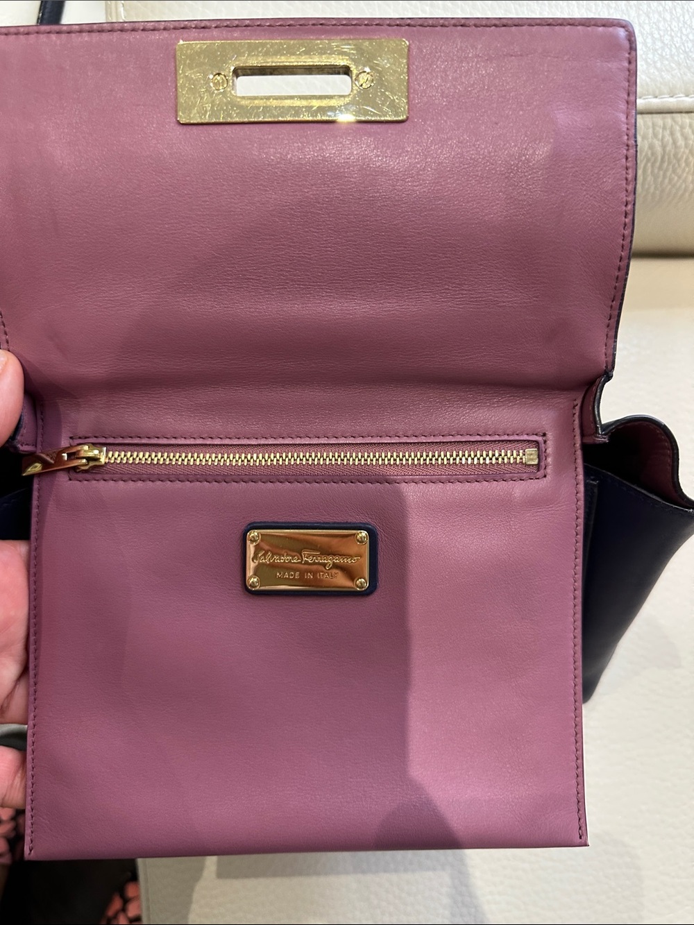 Salvatore Ferragamo Sofia Small Satchel in navy blue with gold-tone hardware. - Picture 10 of 11